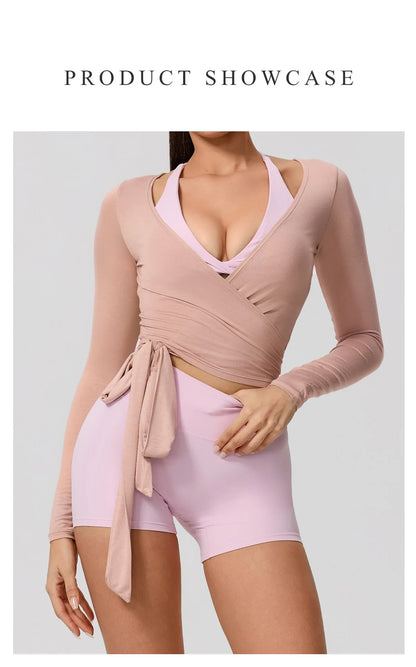 Hearuisavy Summer Women's Yoga Shirt Long Sleeve Sportswear Gym Breathable Quick Dry Sports Top Pilates Dance Ballet Wrap Tops