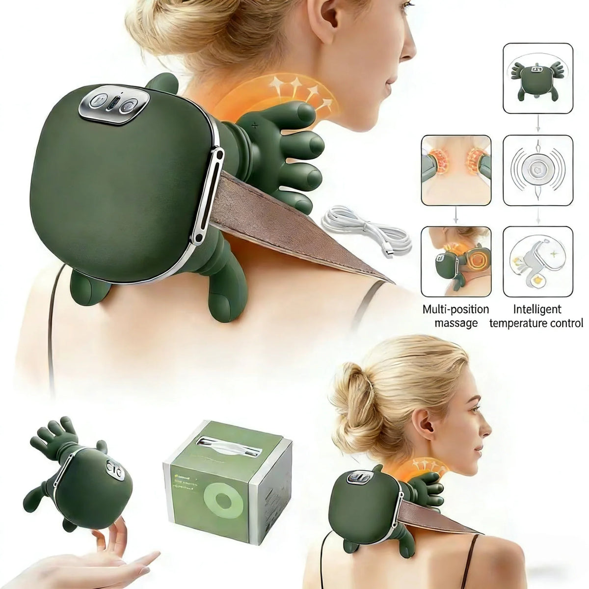 Green neck and shoulder massager with packaging and usage illustrations on a white background