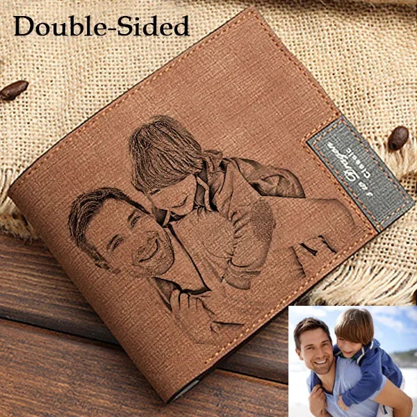 Brown leather wallet with engraved image of a man and child, on a rustic background.