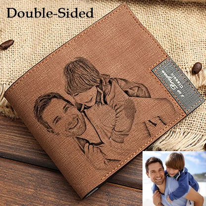Brown leather wallet with engraved image of a man and child, on a rustic background.