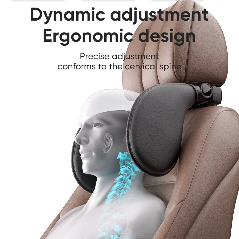 Ergonomic car headrest with dynamic adjustment feature on a white background