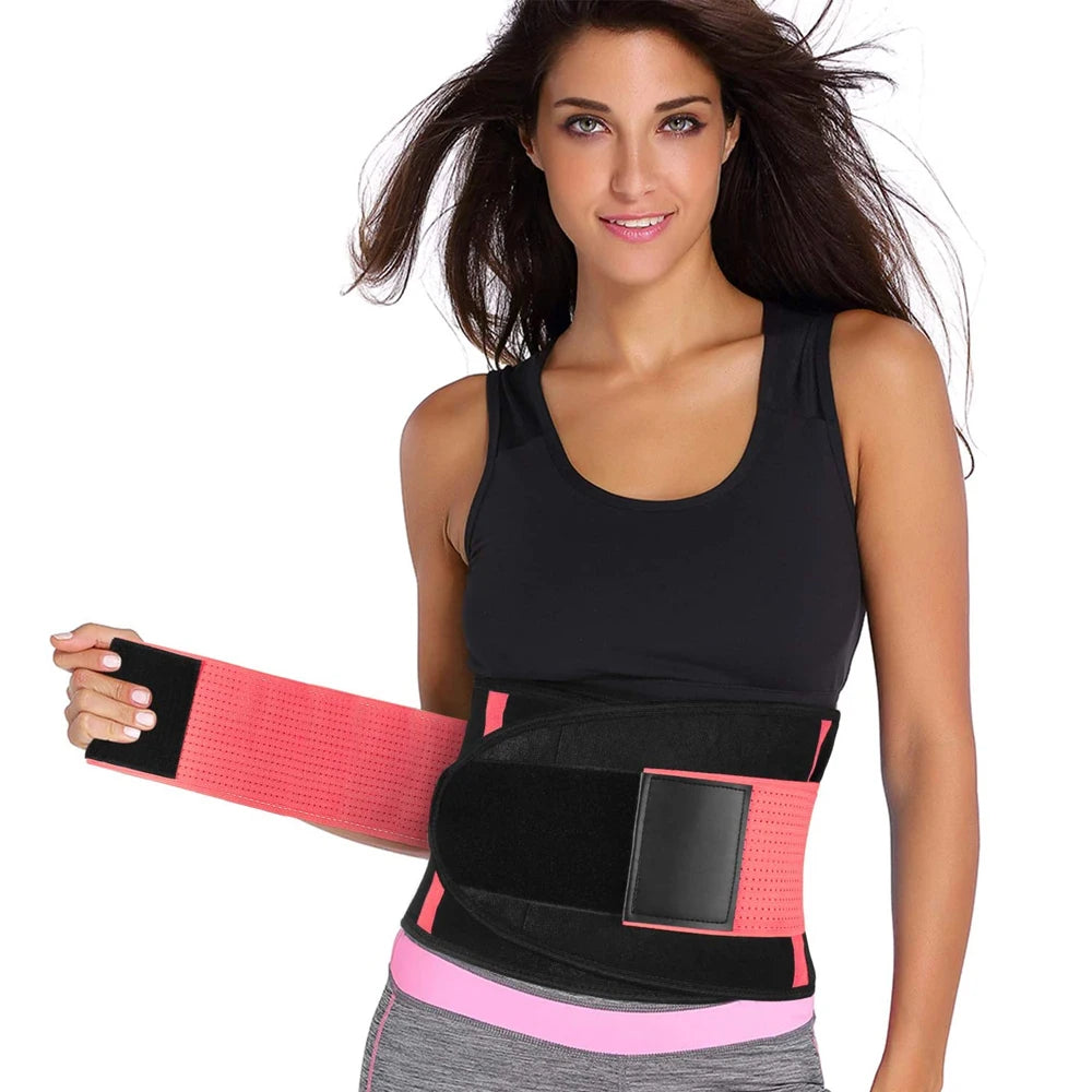 Woman wearing a black and pink waist trainer on a white background