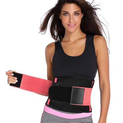 Woman wearing a black and pink waist trainer on a white background
