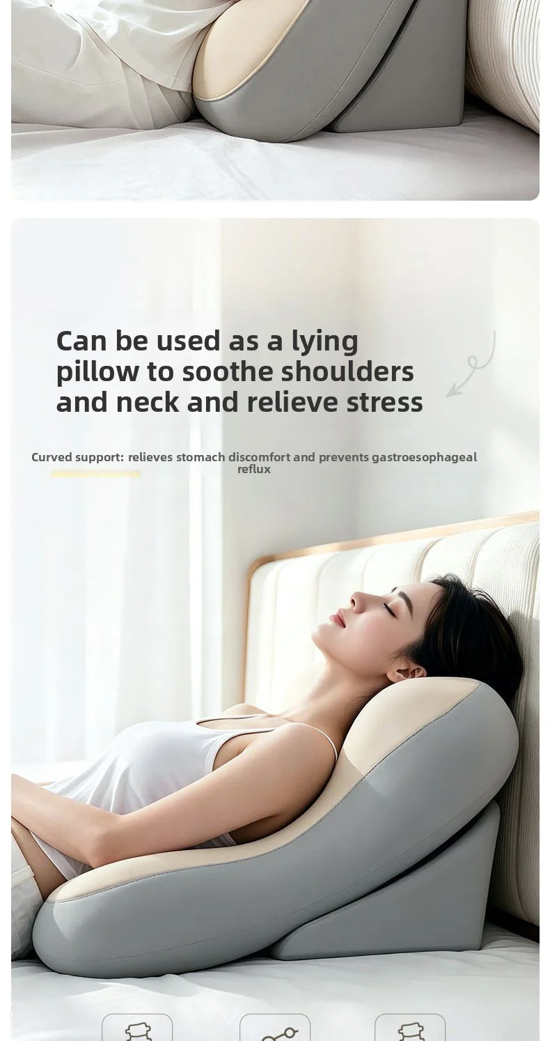 A gray and beige contoured lumbar pillow shown in two views: one as a standalone product on a bed and one showing a woman lying down using it as a supportive pillow for her neck and shoulders. Text on the image explains its use for soothing shoulders, neck, and stress relief.