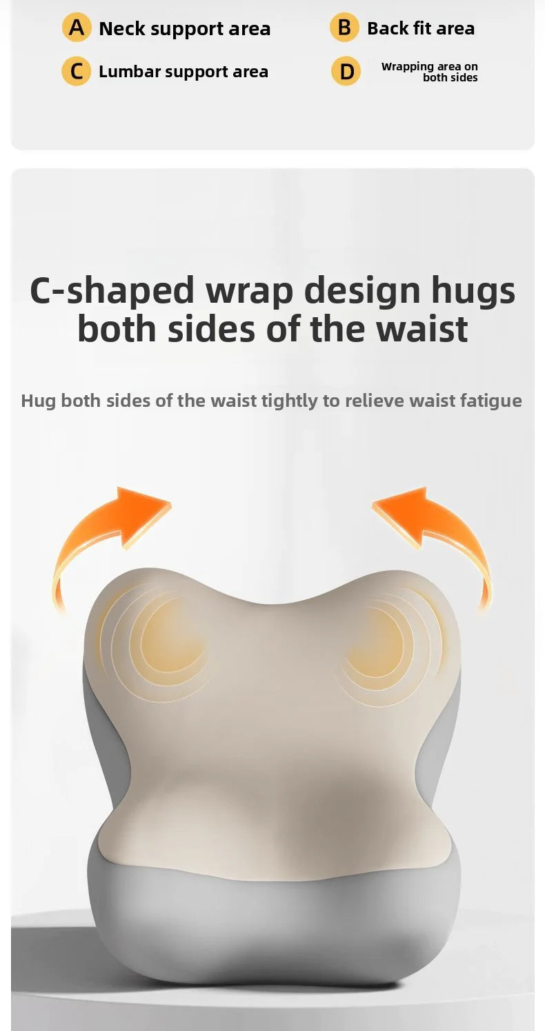 An ergonomic waist support pillow with a beige top and gray base, shown with text explaining its C-shaped wrap design and orange arrows indicating support areas.