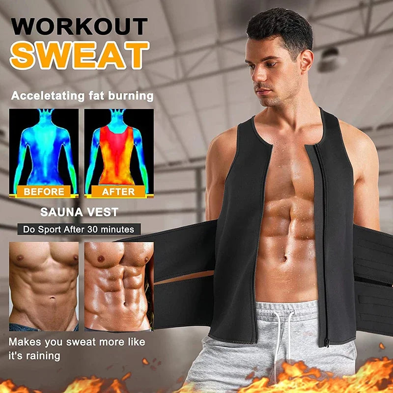 Man wearing a black sauna vest with text about workout sweat and fat burning.