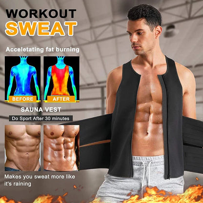Man wearing a black sauna vest with text about workout sweat and fat burning.