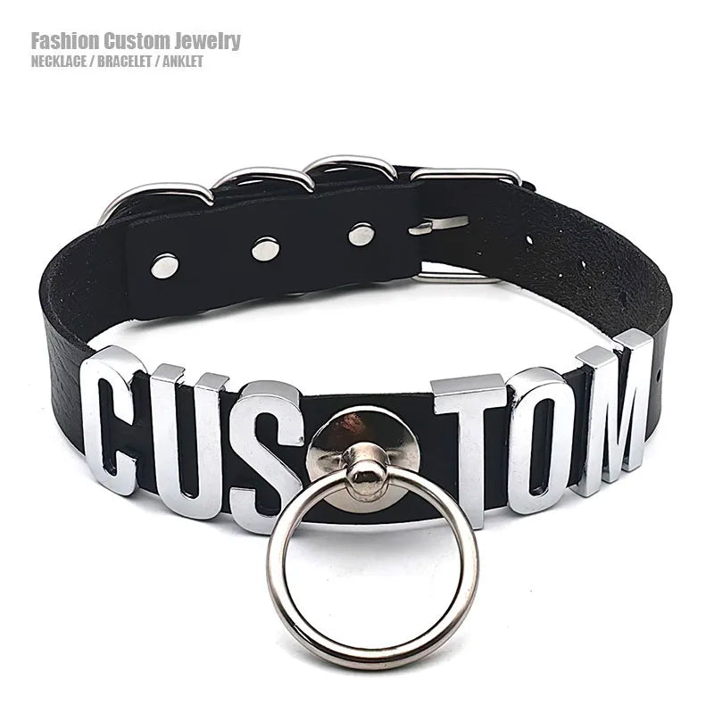 Black leather choker with metal accents and 'CUSTOM' lettering on a white background.