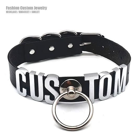 Black leather choker with metal accents and 'CUSTOM' lettering on a white background.
