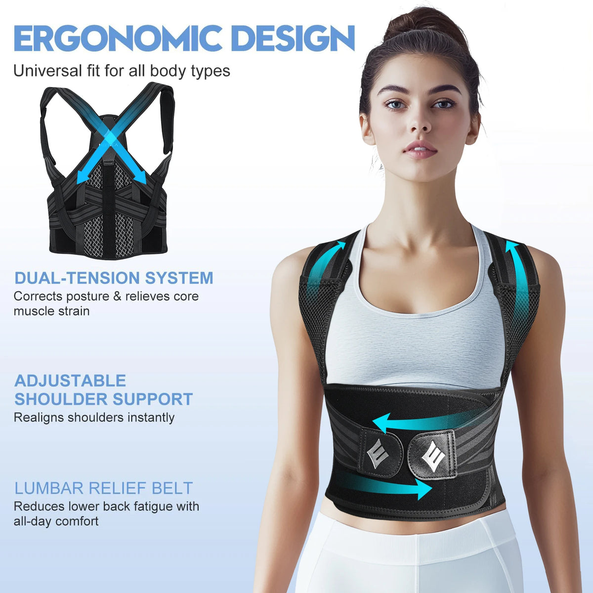 Woman wearing a black and blue back brace with text highlighting features on a light gray background