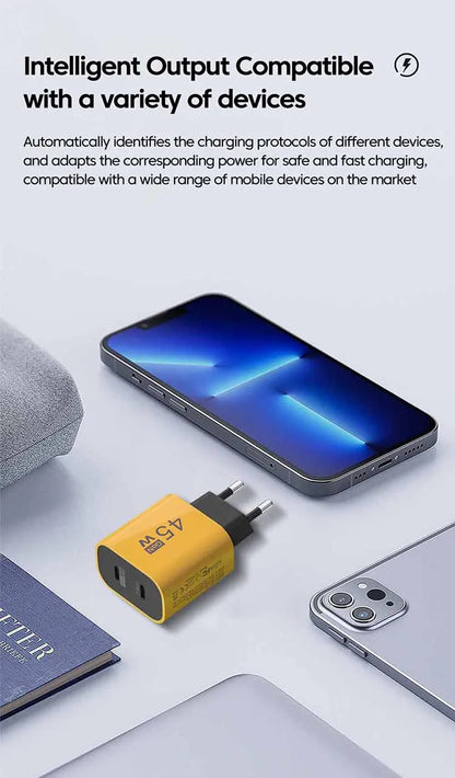 45W USB-C charger for Samsung S23 with dual-port design