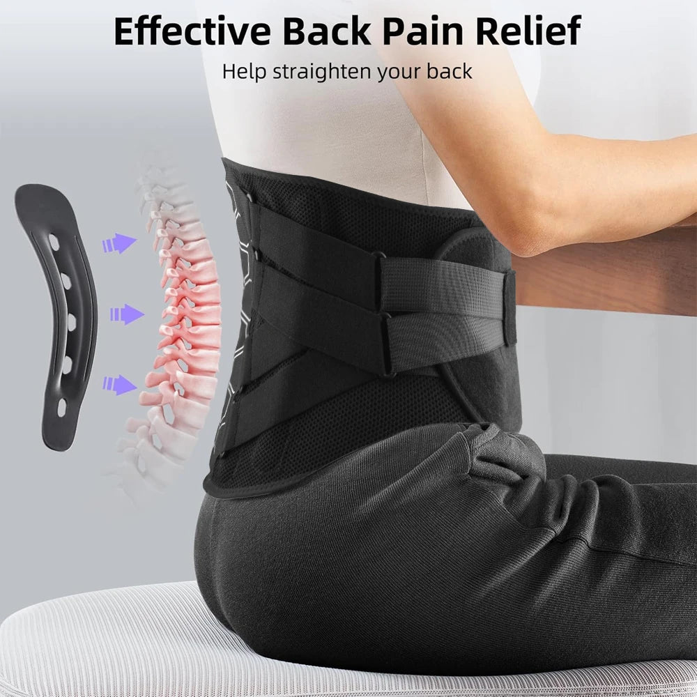 Person wearing a black back brace with spinal illustration and text about effective back pain relief.