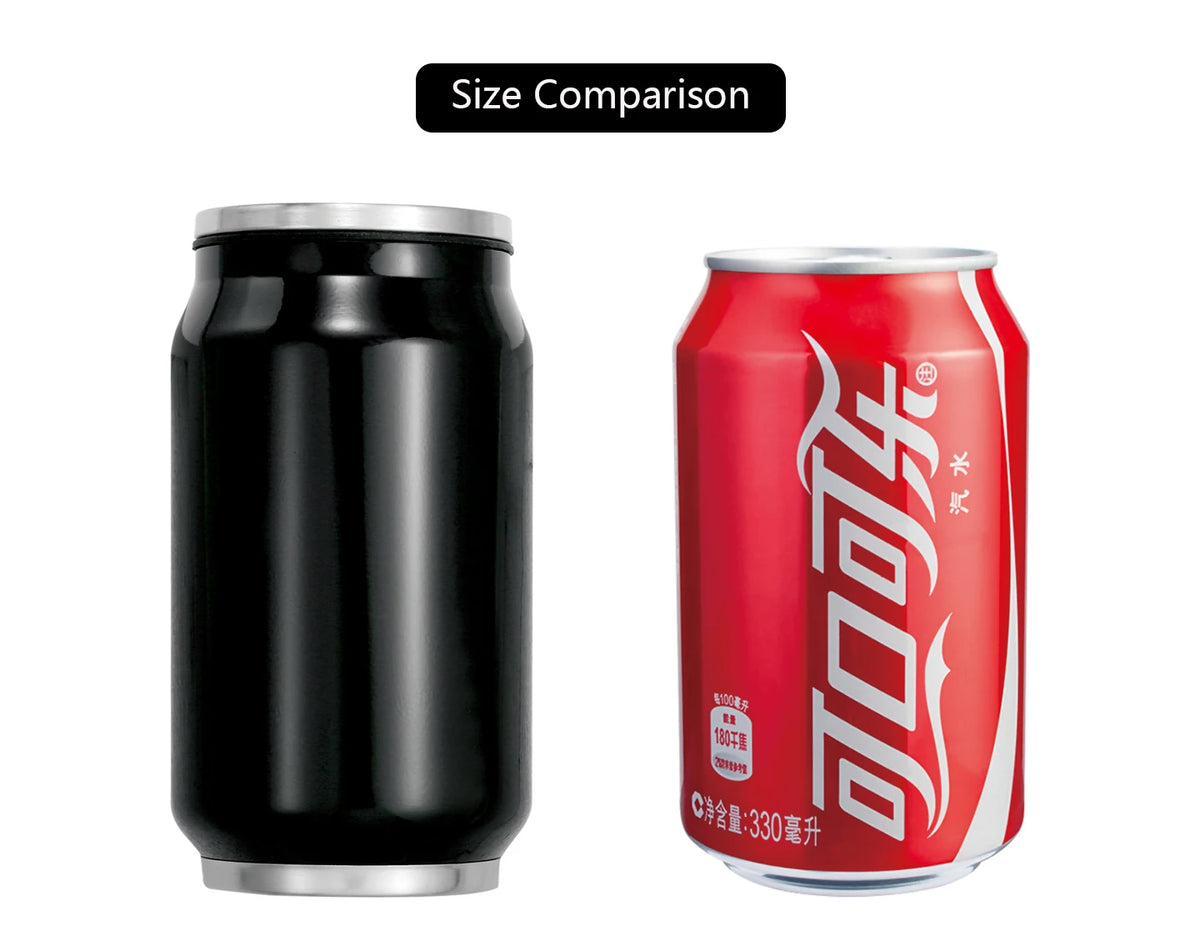A size comparison graphic showing a black can-shaped product next to a red Coca-Cola can, with a black label at the top reading 'Size Comparison'.