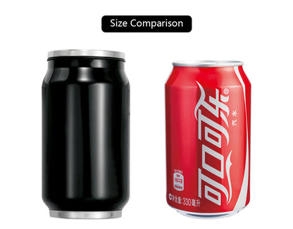 A size comparison graphic showing a black can-shaped product next to a red Coca-Cola can, with a black label at the top reading 'Size Comparison'.