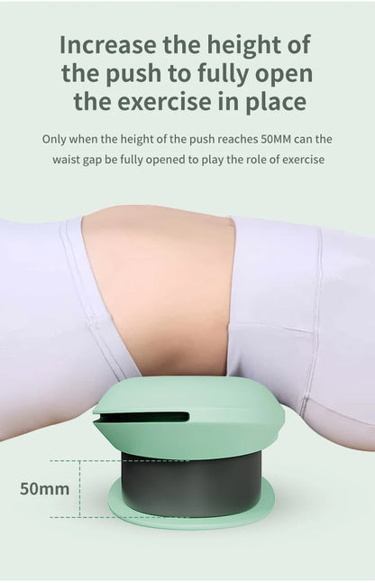 Person using a green exercise device with text on height adjustment