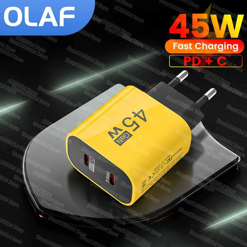 45W USB-C charger for Samsung S23 with dual-port design