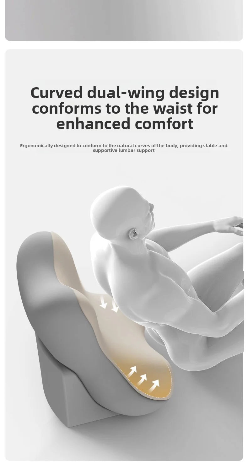 An explanatory product graphic showing a white seated human figure over a gray wedge chair with a beige cushion area highlighted by arrows, with text reading 'Curved dual-wing design conforms to the waist for enhanced comfort' on a light gray background.
