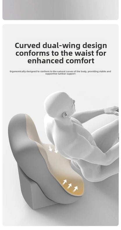 An explanatory product graphic showing a white seated human figure over a gray wedge chair with a beige cushion area highlighted by arrows, with text reading 'Curved dual-wing design conforms to the waist for enhanced comfort' on a light gray background.