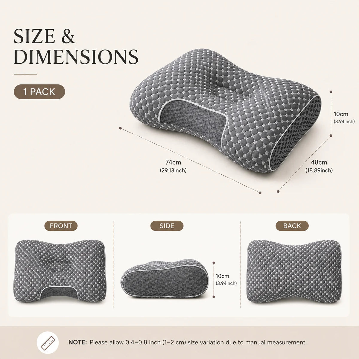 Size and dimensions chart for a gray contoured memory foam pillow, showing a 3D view with measurements (74cm x 48cm x 10cm) and three smaller front, side, and back views on a light beige background.