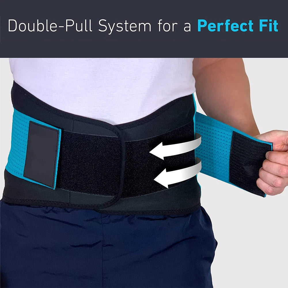 Back support belt with double-pull system on a plain background