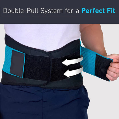 Back support belt with double-pull system on a plain background