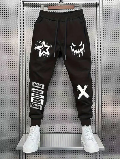 Street Trendy Cool Style Men's Loose Legged Sports Pants Printed Sanitary Pants Daily Casual Drawstring Knitted Pants