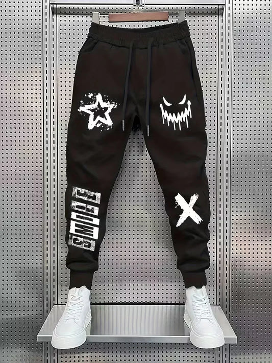 Street Trendy Cool Style Men's Loose Legged Sports Pants Printed Sanitary Pants Daily Casual Drawstring Knitted Pants