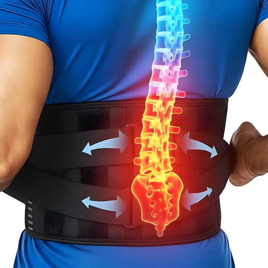 Back brace with highlighted spine on a person wearing a blue shirt.