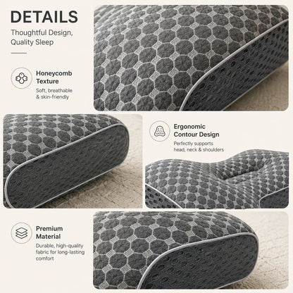 A product feature infographic for a dark gray honeycomb-patterned contoured pillow. The collage displays four panels with text callouts highlighting the honeycomb texture, ergonomic contour design, premium fabric, and overall comfort, set against a light beige background.
