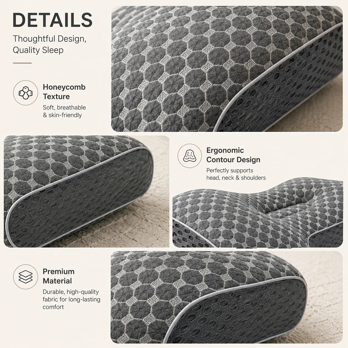 A product feature infographic for a dark gray honeycomb-patterned contoured pillow. The collage displays four panels with text callouts highlighting the honeycomb texture, ergonomic contour design, premium fabric, and overall comfort, set against a light beige background.