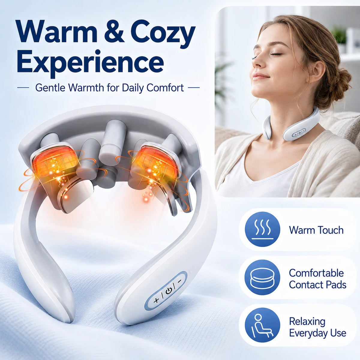 Neck massager with warm touch feature and woman using it for comfort.