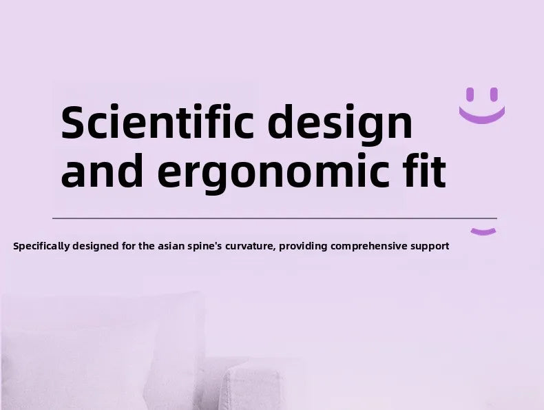 A promotional graphic with a light lavender background and large black text reading 'Scientific design and ergonomic fit,' plus smaller text below and simple smiley-face icons. A faint white support cushion is visible at the bottom left.