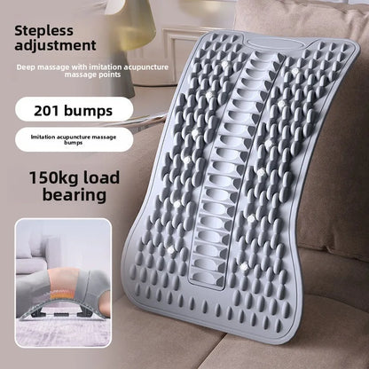A gray contoured massage cushion with textured silicone bumps, shown on a beige sofa with promotional text highlighting 201 massage bumps, 150kg load bearing, and stepless adjustment.