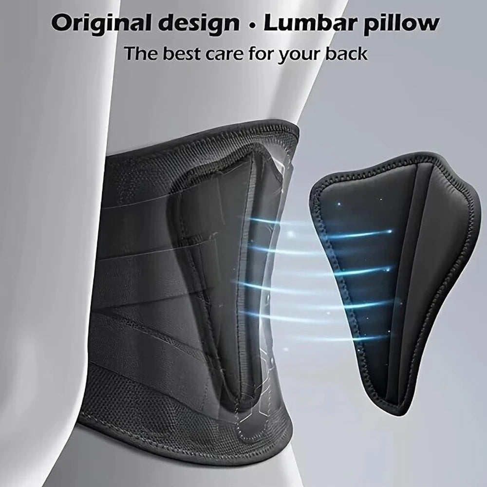 Black lumbar pillow with text 'Original design Lumbar pillow The best care for your back' on a gray background