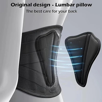 Black lumbar pillow with text 'Original design Lumbar pillow The best care for your back' on a gray background