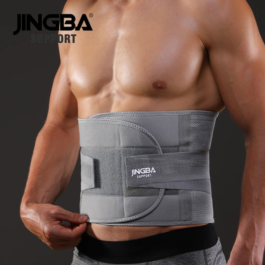Person wearing a gray waist support brace with JINGBA branding on a dark background