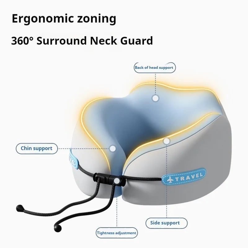 Ergonomic neck pillow with labeled support points on a white background