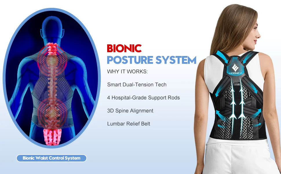 Bionic posture system with a woman wearing it, highlighting its features.