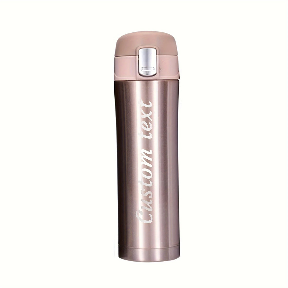 Rose gold thermos with 'Custom text' engraving on a white background