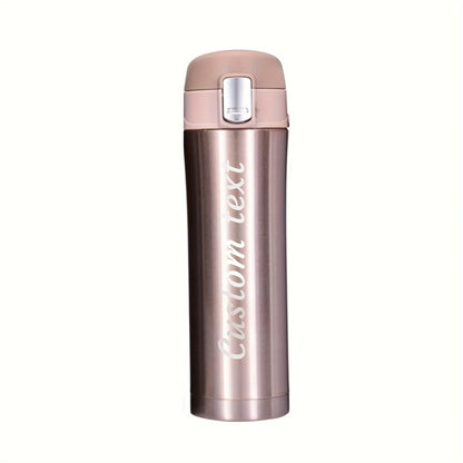 Rose gold thermos with 'Custom text' engraving on a white background