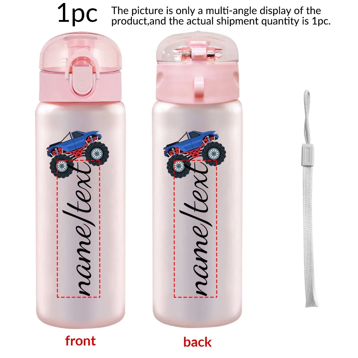 Two pink water bottles with a car design and text space, one shown from the front and the other from the back, on a white background.