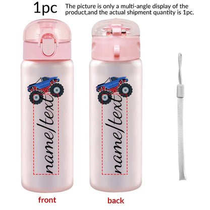 Two pink water bottles with a car design and text space, one shown from the front and the other from the back, on a white background.