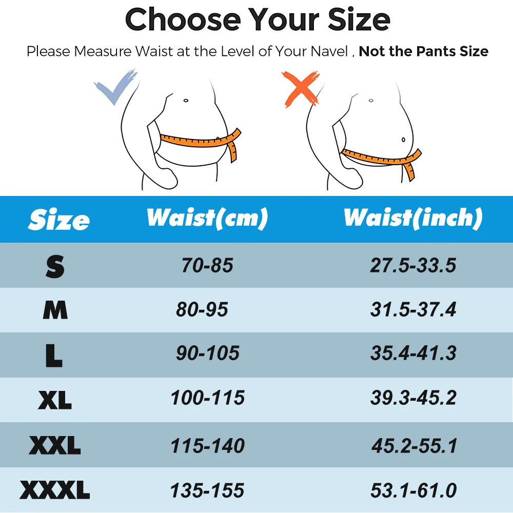 Size chart for waist measurement with illustrations and conversion guide.