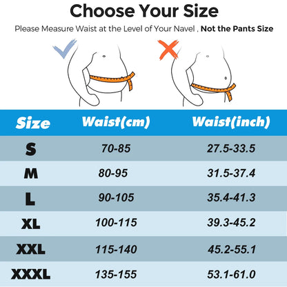 Size chart for waist measurement with illustrations and conversion guide.