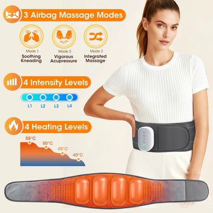 A woman wearing a black and gray electric waist massage belt with an orange glowing heat effect overlay, shown against a light beige background with feature callouts about airbag massage modes, intensity levels, and heating levels.