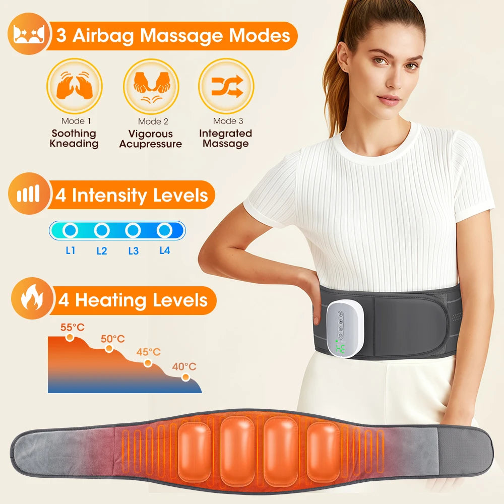 A woman wearing a black and gray electric waist massage belt with an orange glowing heat effect overlay, shown against a light beige background with feature callouts about airbag massage modes, intensity levels, and heating levels.