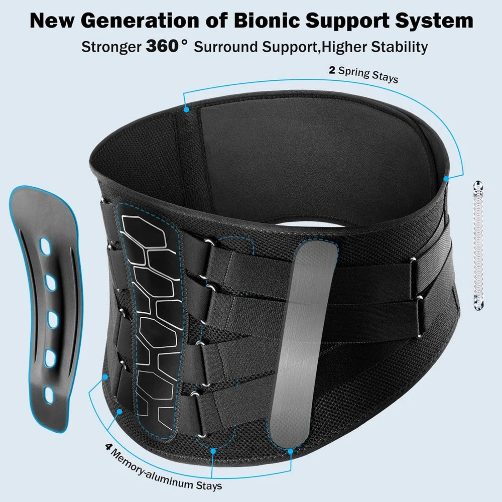 Black bionic support system belt with text on a light blue background