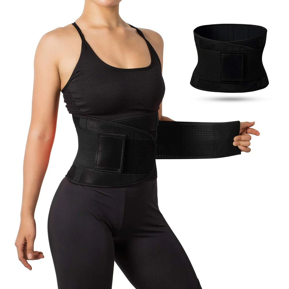Person wearing a black waist trainer with an inset showing a close-up of the product.
