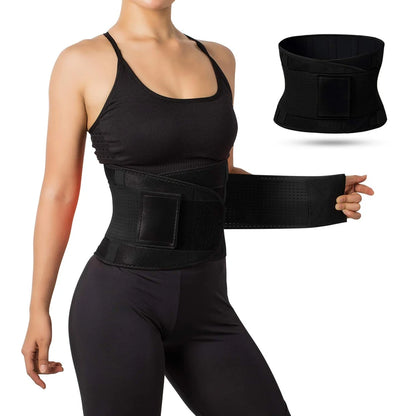 Person wearing a black waist trainer with an inset showing a close-up of the product.