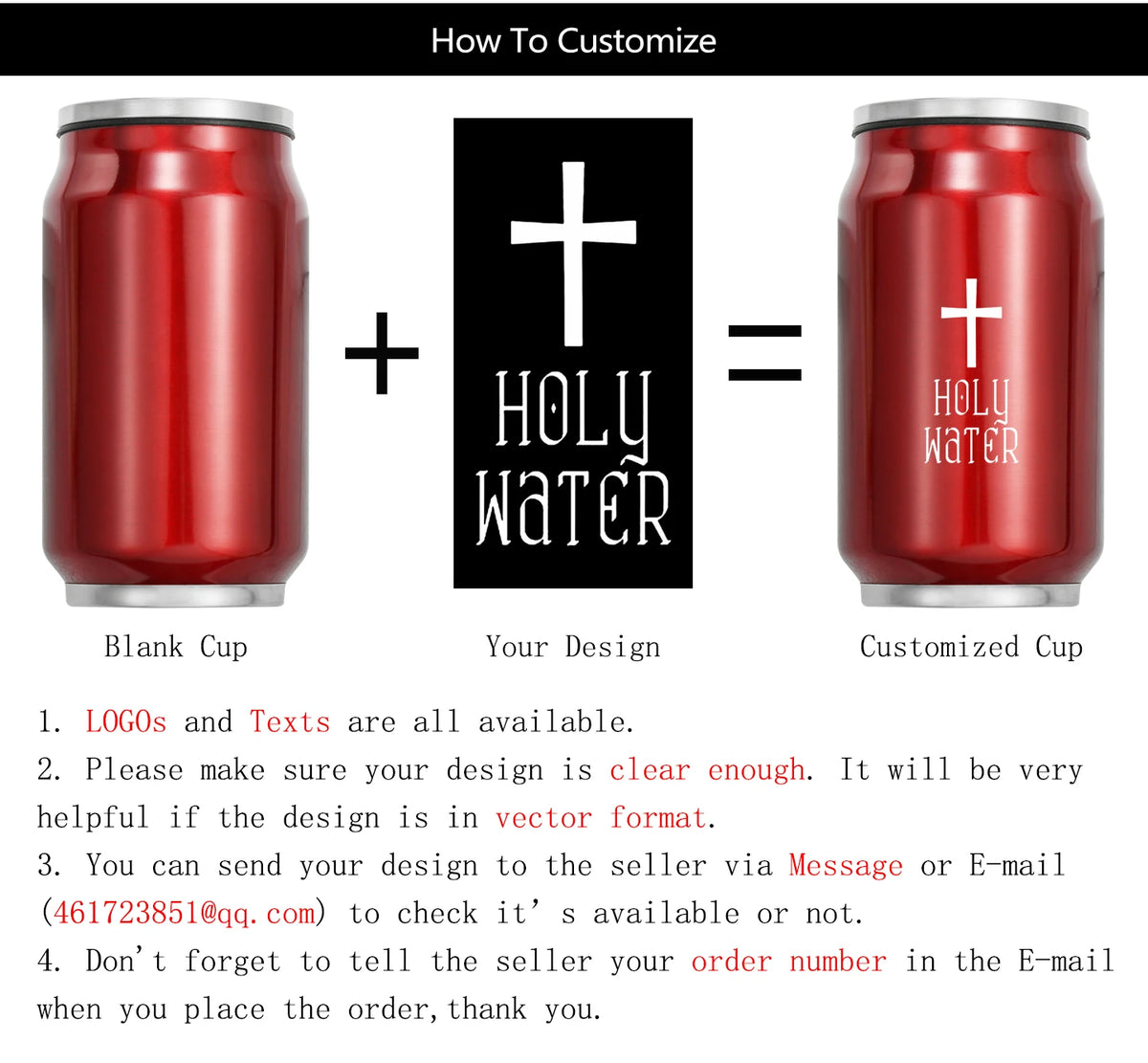 An informational graphic titled 'How To Customize' showing two red can-shaped cups, one labeled 'Blank Cup' and the other 'Customized Cup,' with a black square in the center labeled 'Your Design' and a white cross symbol. Text below explains customization options and provides contact information for sending a design.